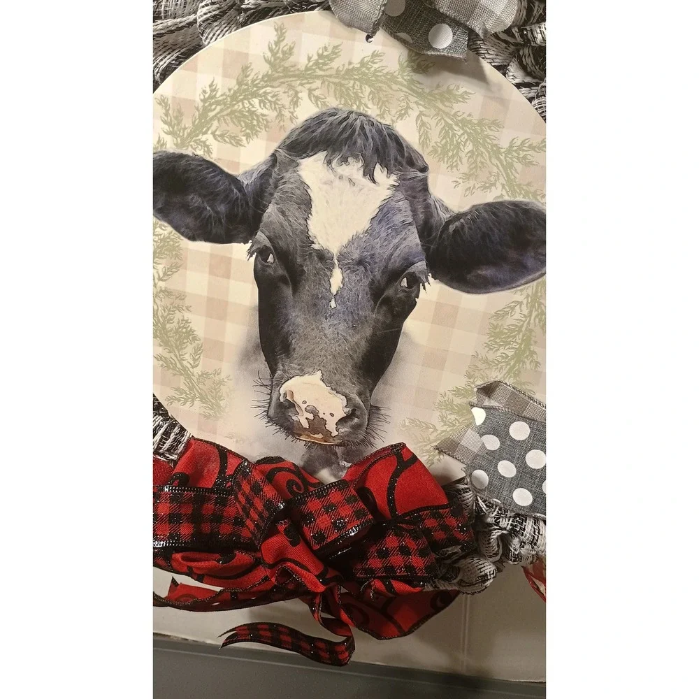 Handmade Cow Wreath Unisex Large Black White Excellent Farmhouse Plaid Mesh